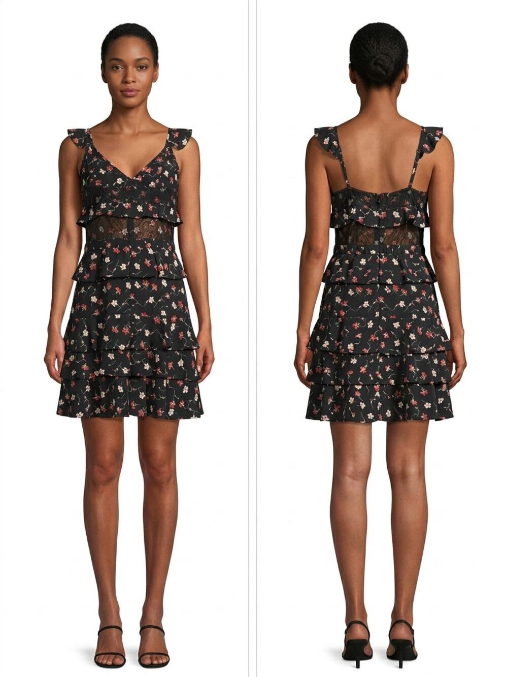 Sugar + Lips D5726 Black Floral Ruffle Tiered Lace Trim Dress Women Size S